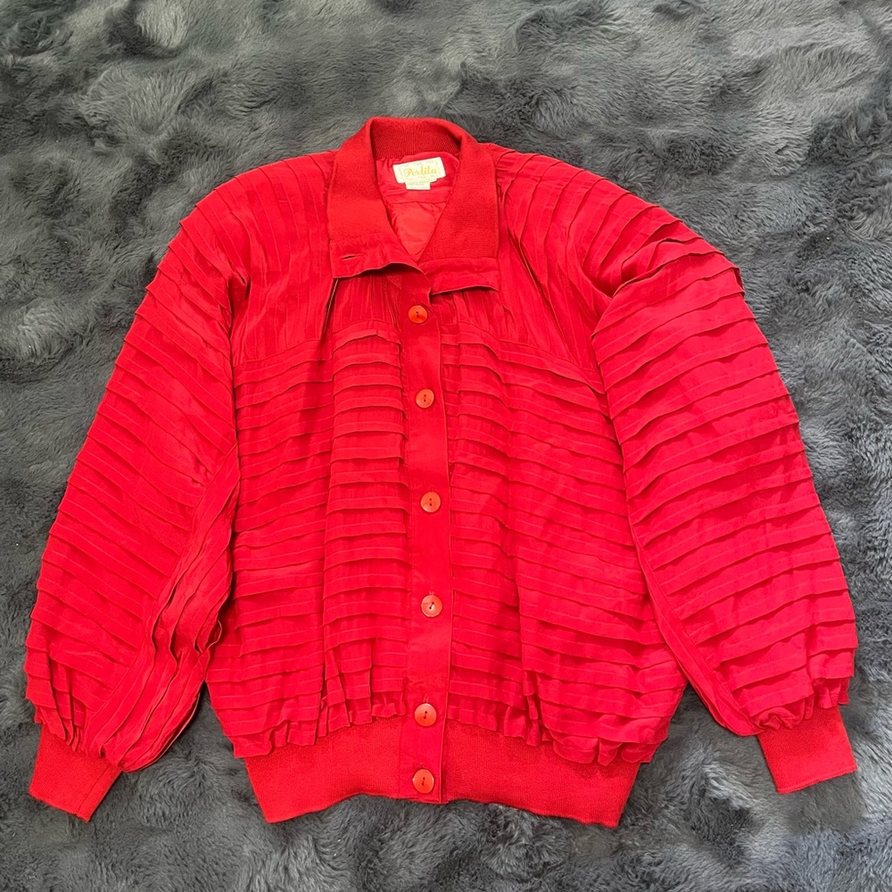 Vintage 100% Silk Bombers Jacket oversized Size M Perlita Brend Pleated design - Picture 4 of 9